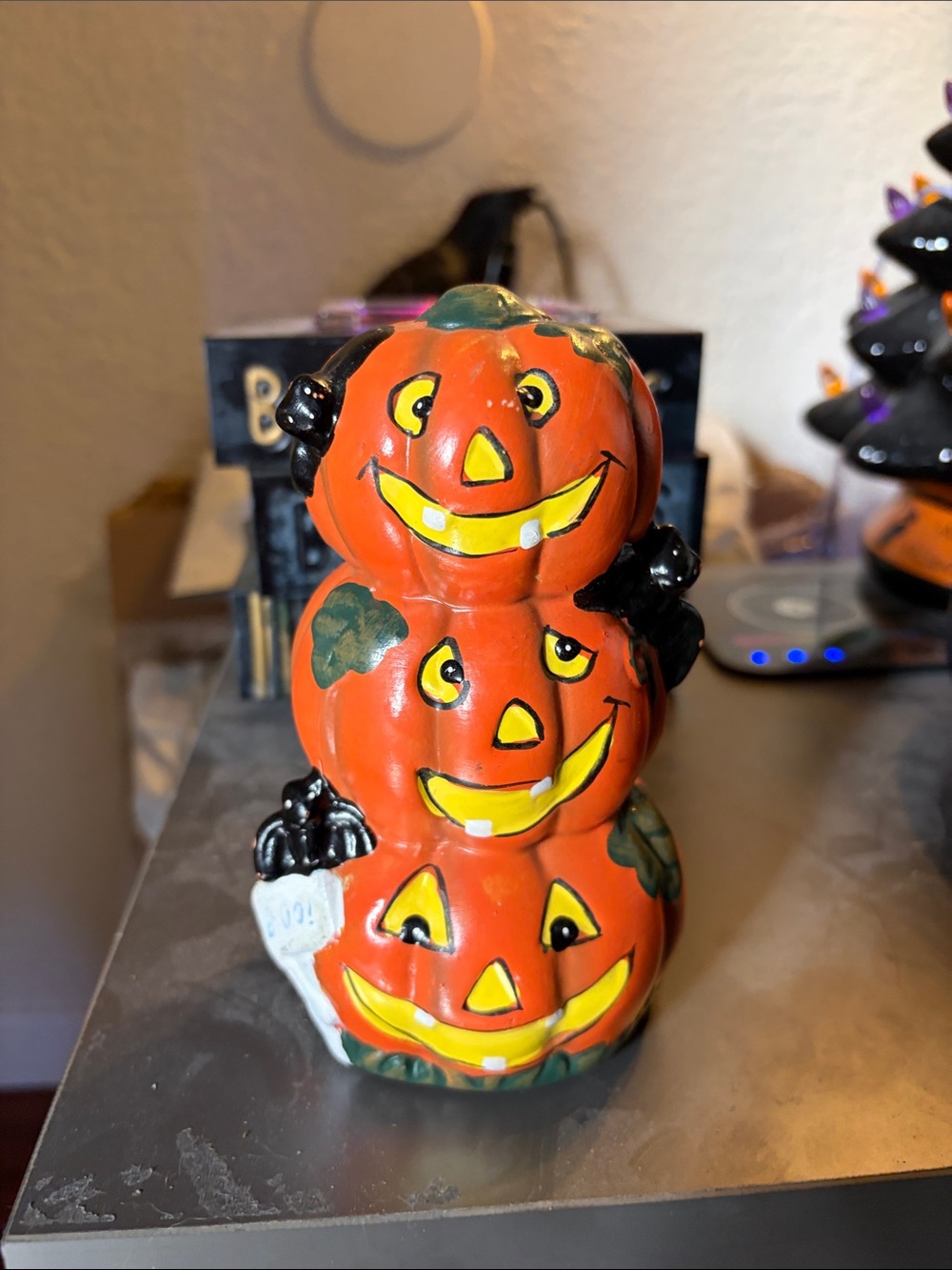 Orange Ceramic Triple Pumpkin Stack Halloween Accent